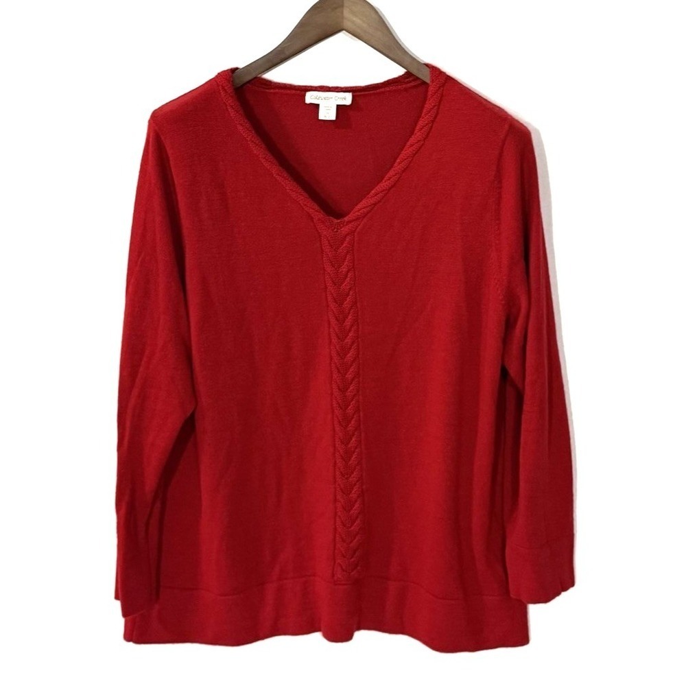 Coldwater Creek Sweater Womens 2X Red Merino Wool Blend Braided Trim V Neckline